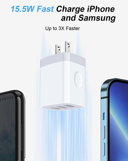 USB Charger Cube, Wall Charger Plug, 3.1A 3-Muti Port USB Adapter Power Plug Charging Station Box Base for Iphone 17 16 15 14 13 12 Pro Max Mini SE 11 Pro Max Samsung Phones Charging Block