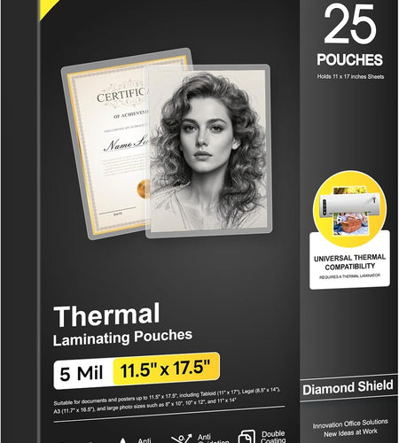 Laminating Sheets Thermal Laminate Pouches, Hold 11 X 17 Inch Sheet 25 Pack, 5 Mil Clear Laminated Pouch 11.5 X 17.5 Inch Lamination Paper for Laminator, round Corner, Home & Office