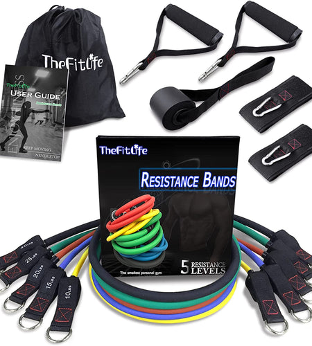 Exercise Resistance Bands with Handles - 5 Fitness Workout Bands Stackable up to 110 - 150 Lbs, Training Tubes with Large Handles, Ankle Straps, Door Anchor Attachment, Carry Bag