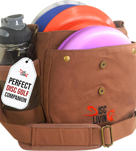 Disc Golf Bag | Frisbee Golf Bag | Easy to Carry | Lightweight Fits up to 10 Discs | 16 Oz Waxed Canvas Sturdy Design | Belt Loop | Double Button Design | Bottle Holder